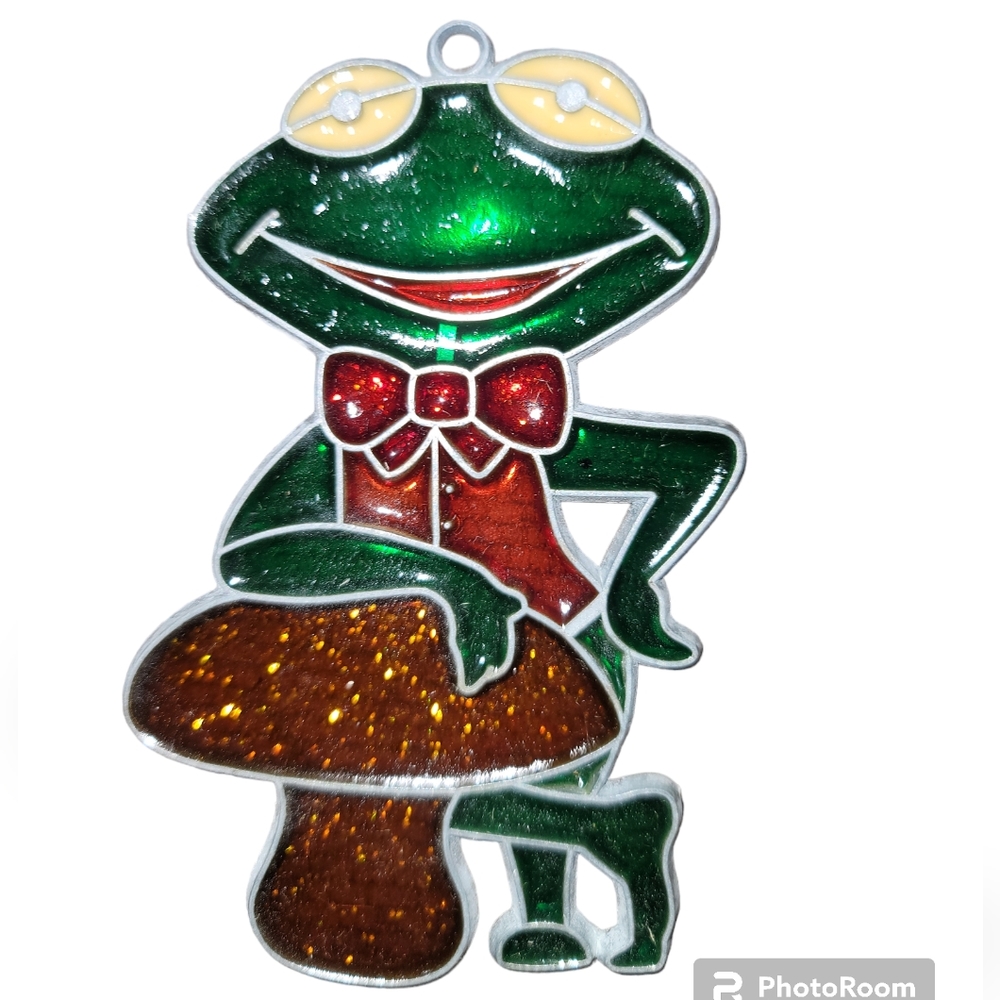 Vintage Handmade Stained Glass Frog Wearing Bow Tie Mushroom Suncatcher Ornament